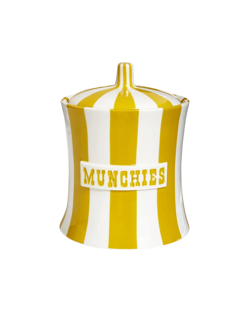 A stylish canister with "MUNCHIES" written on it, featuring bold yellow and white stripes. The lid has a pointed handle, and the canister's design is slightly flared, adding a chic touch to any kitchen or room decor.