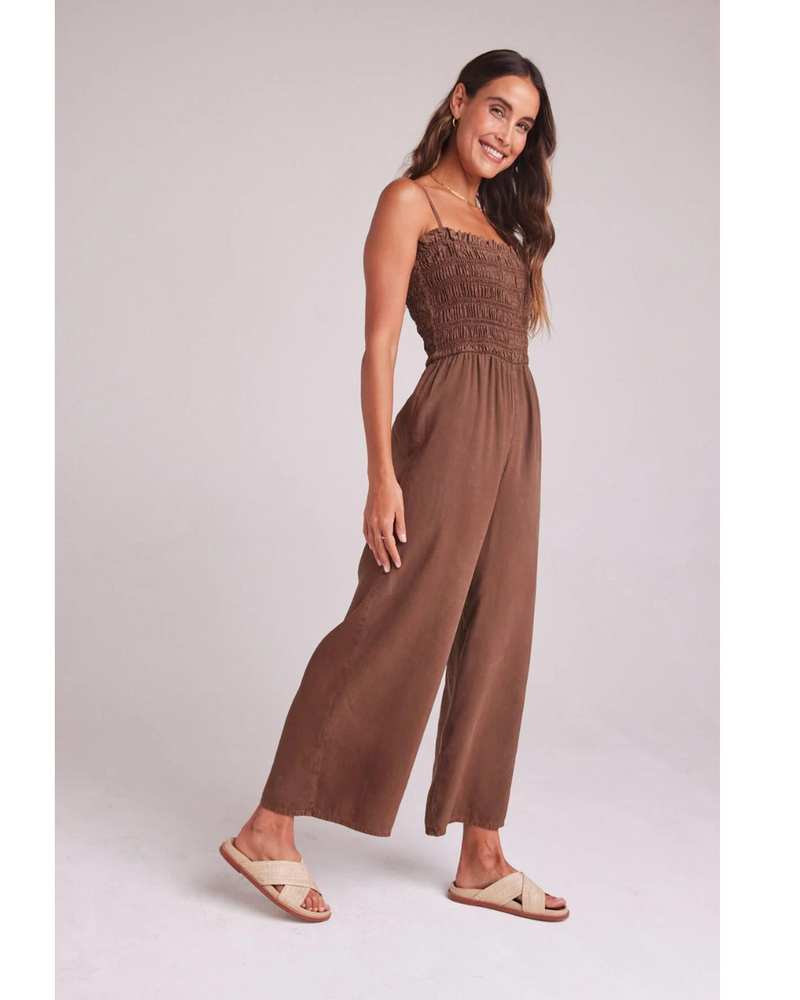 Wide Leg Smocked Ruffle Jumpsuit Botanical Brown