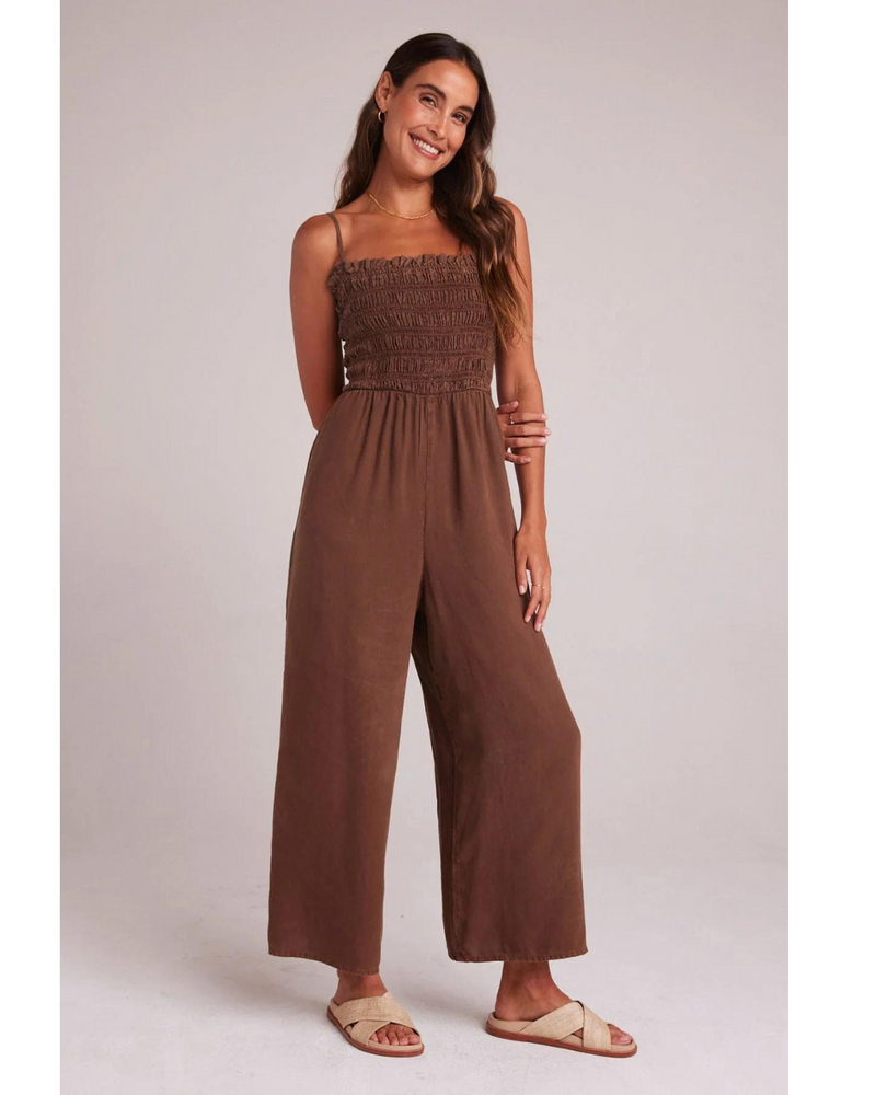 Wide Leg Smocked Ruffle Jumpsuit Botanical Brown