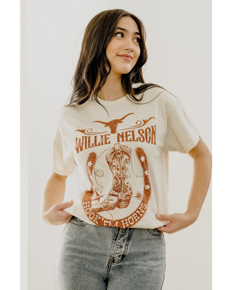 Willie Nelson UT Hook Em Boot Thrifted Tee Off White