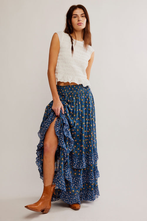 Brynn Maxi Skirt from Free People in blue chambray combo floral print with ruffles