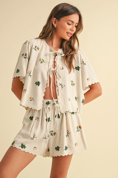 Marni Floral Embroidered Linen Shorts Oatmeal