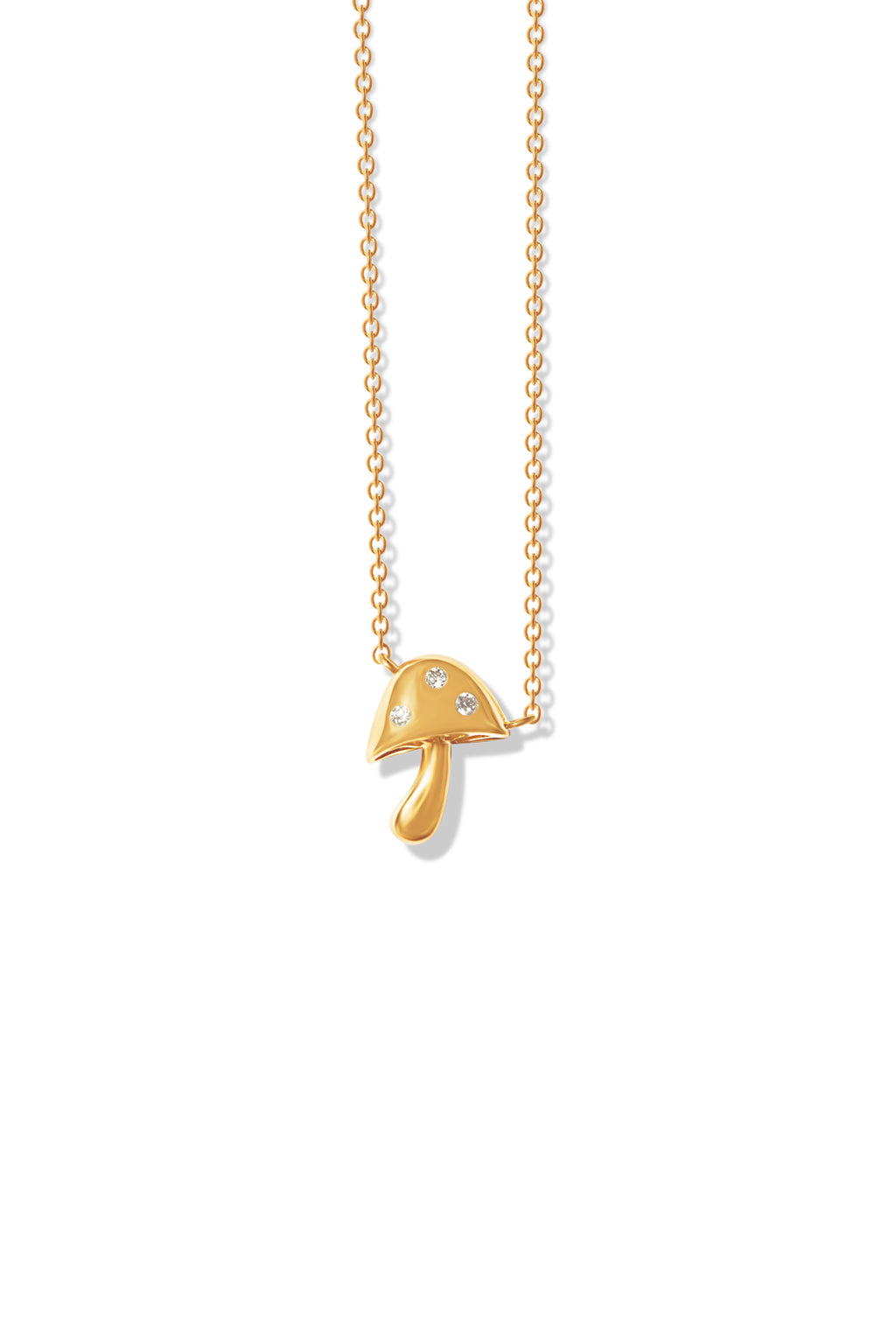 A delicate 14k gold necklace featuring a mushroom pendant encrusted with three small diamonds. 