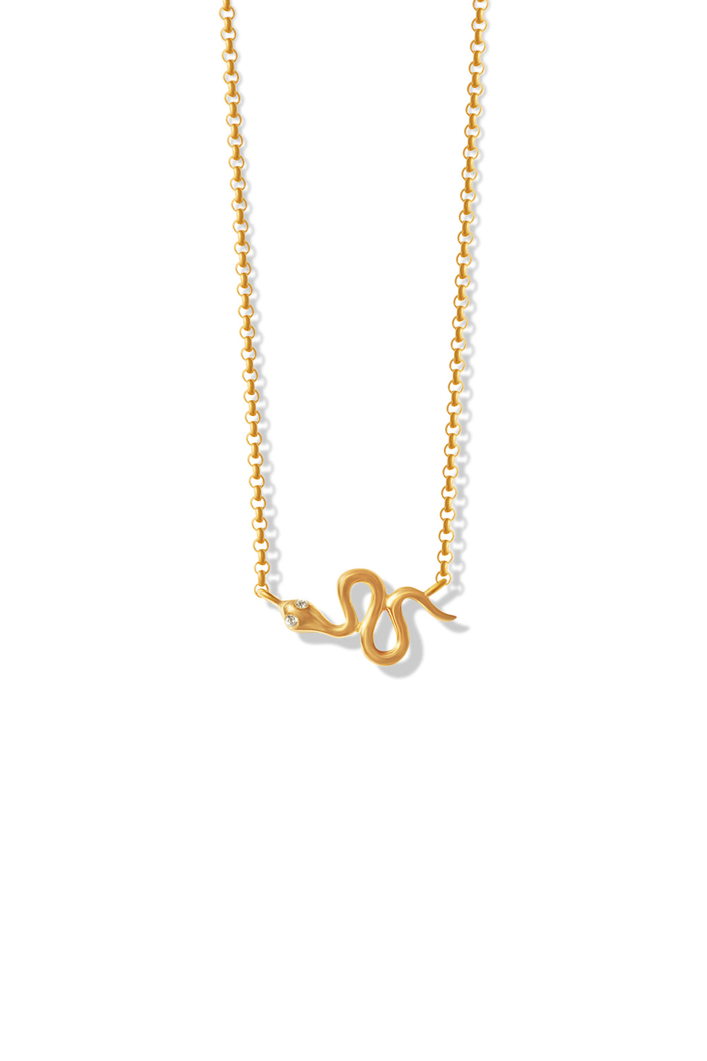 A delicate 14K yellow gold necklace featuring a snake pendant encrusted with diamonds. 