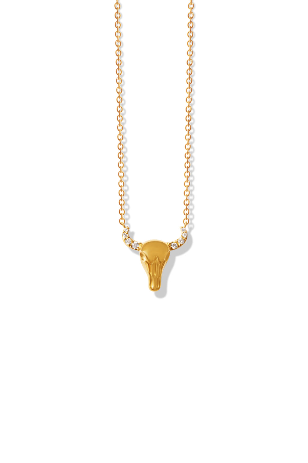 A delicate gold necklace featuring a long horn pendant encrusted with diamonds. 