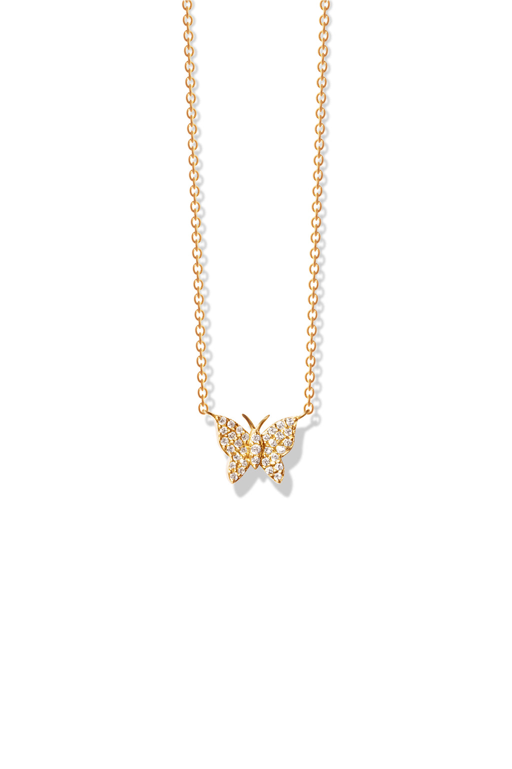 A delicate 14k yellow gold necklace featuring a butterfly pendant encrusted with diamonds. 