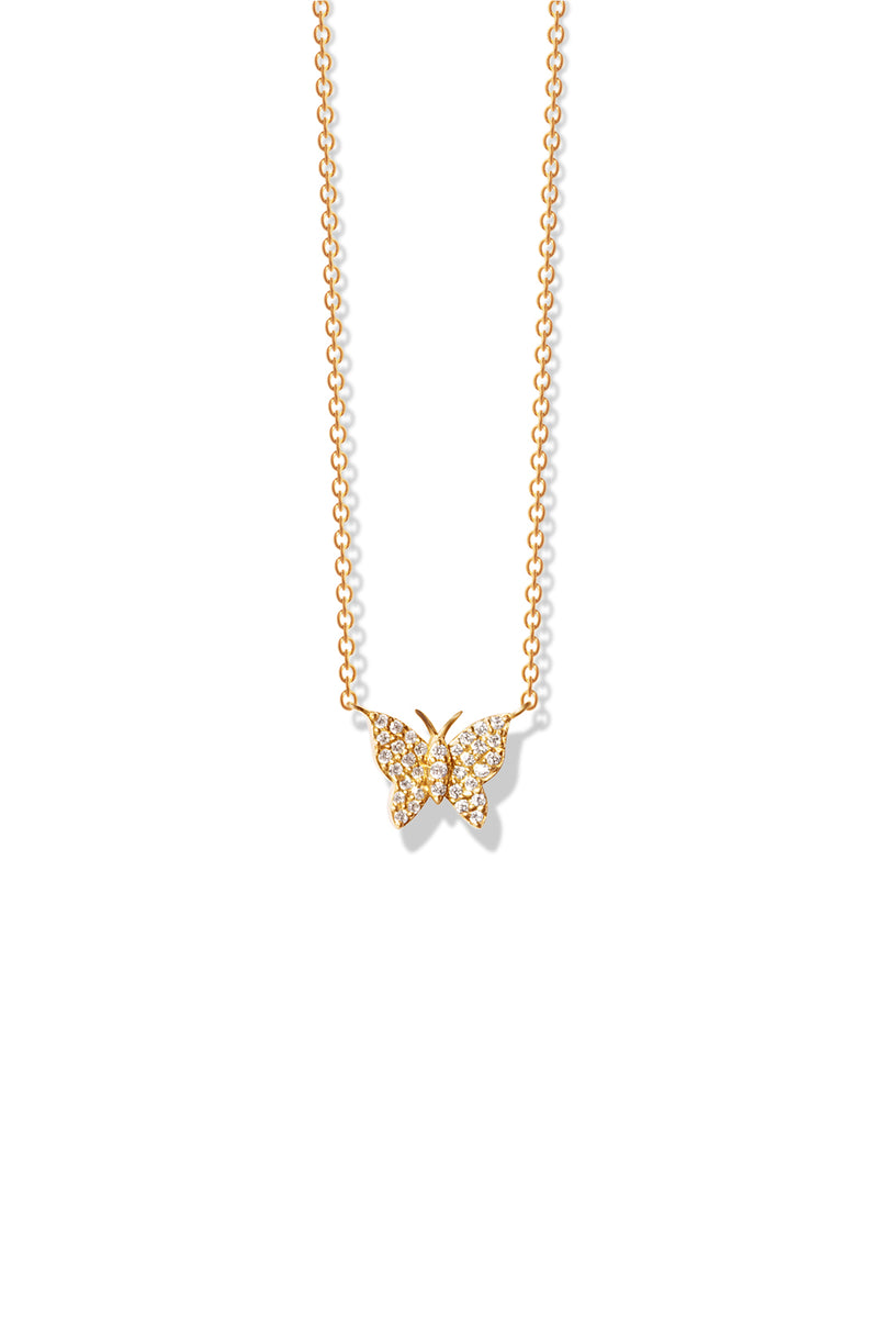 A delicate 14k yellow gold necklace featuring a butterfly pendant encrusted with diamonds. 