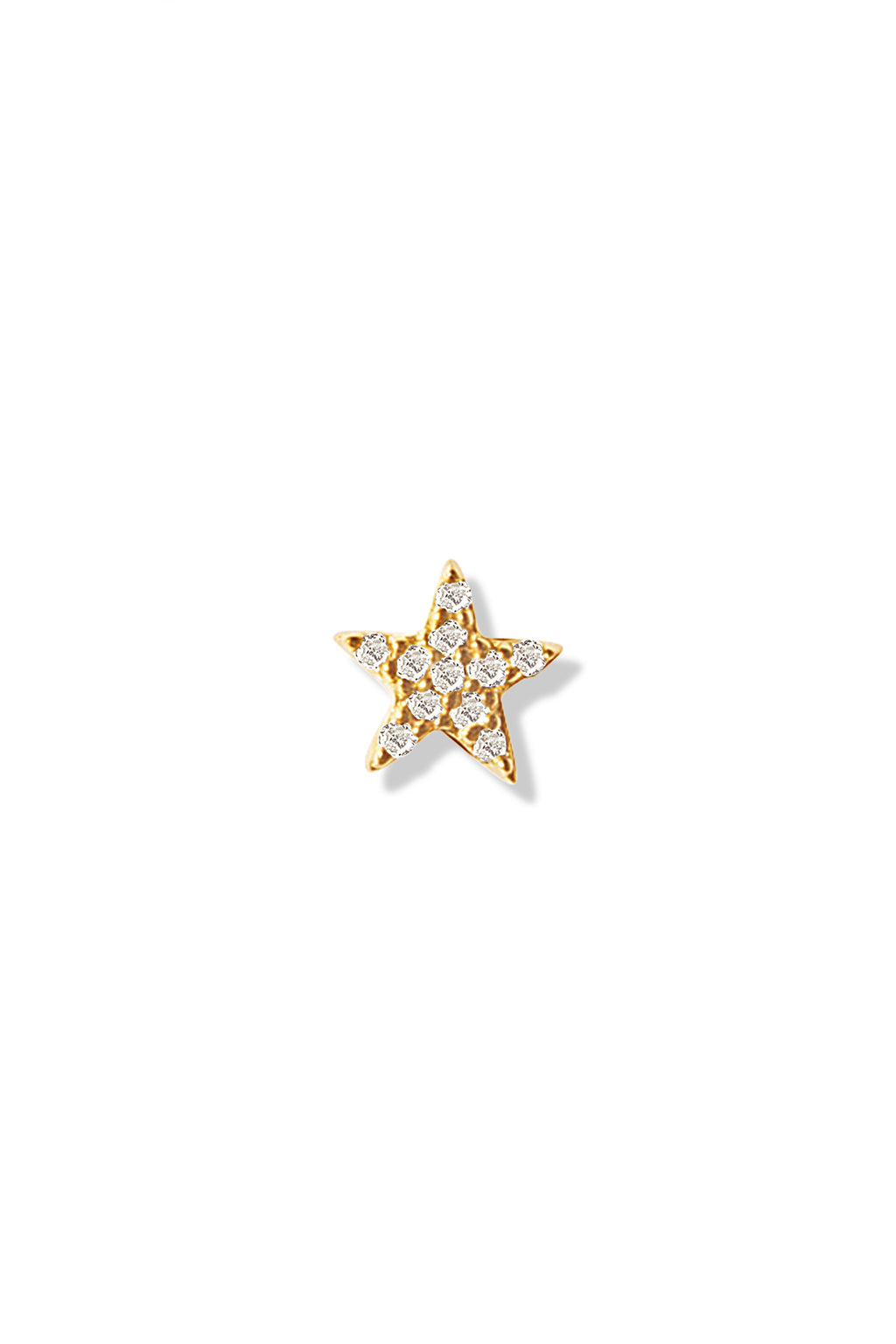 A small 14K gold stud earring in the shape of a star, encrusted with diamonds. 