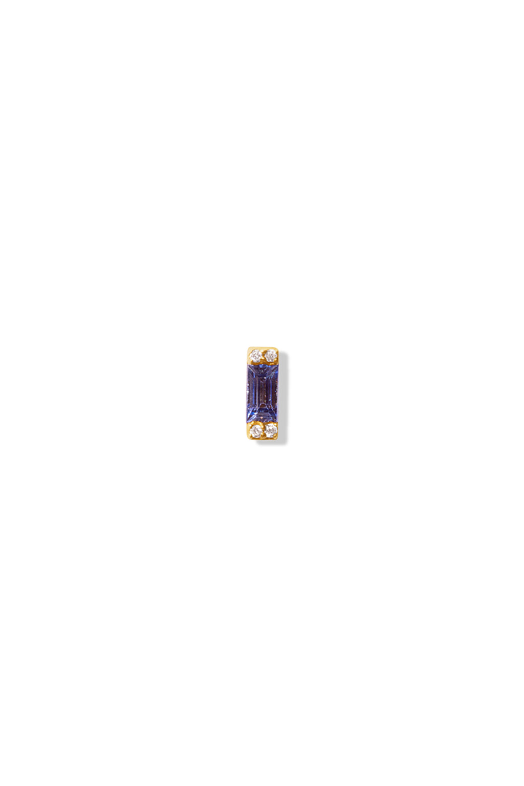 A small 14k gold stud earring featuring a rectangular sapphire gemstone set vertically, with tiny diamonds at the top and bottom. 