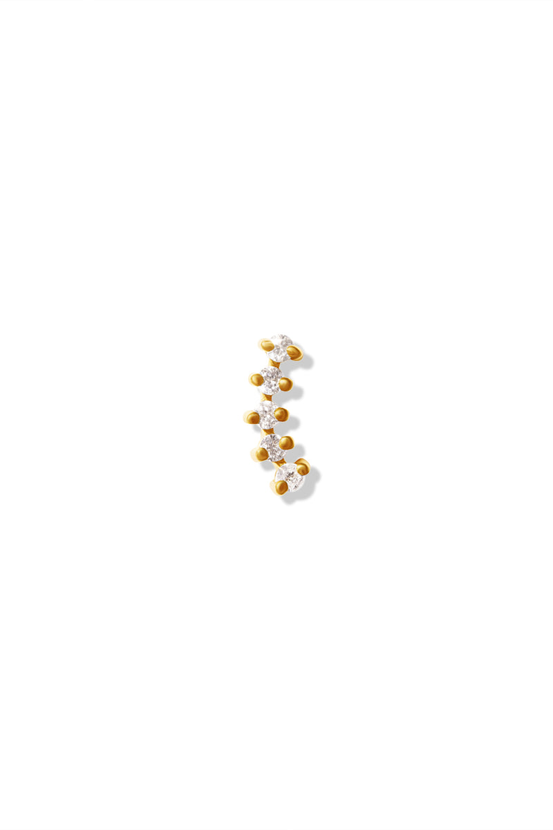 A delicate gold stud earring designed in a curved shape, featuring a row of small, round, sparkling diamonds. The diamonds are set in individual prong settings along the curve. 