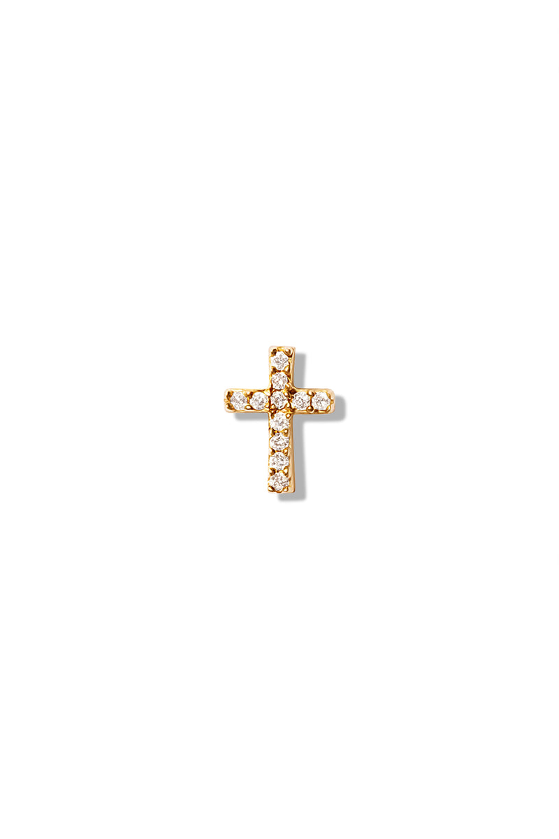 A small 14k yellow gold sud earring in the shape of a cross, encrusted with diamonds. 