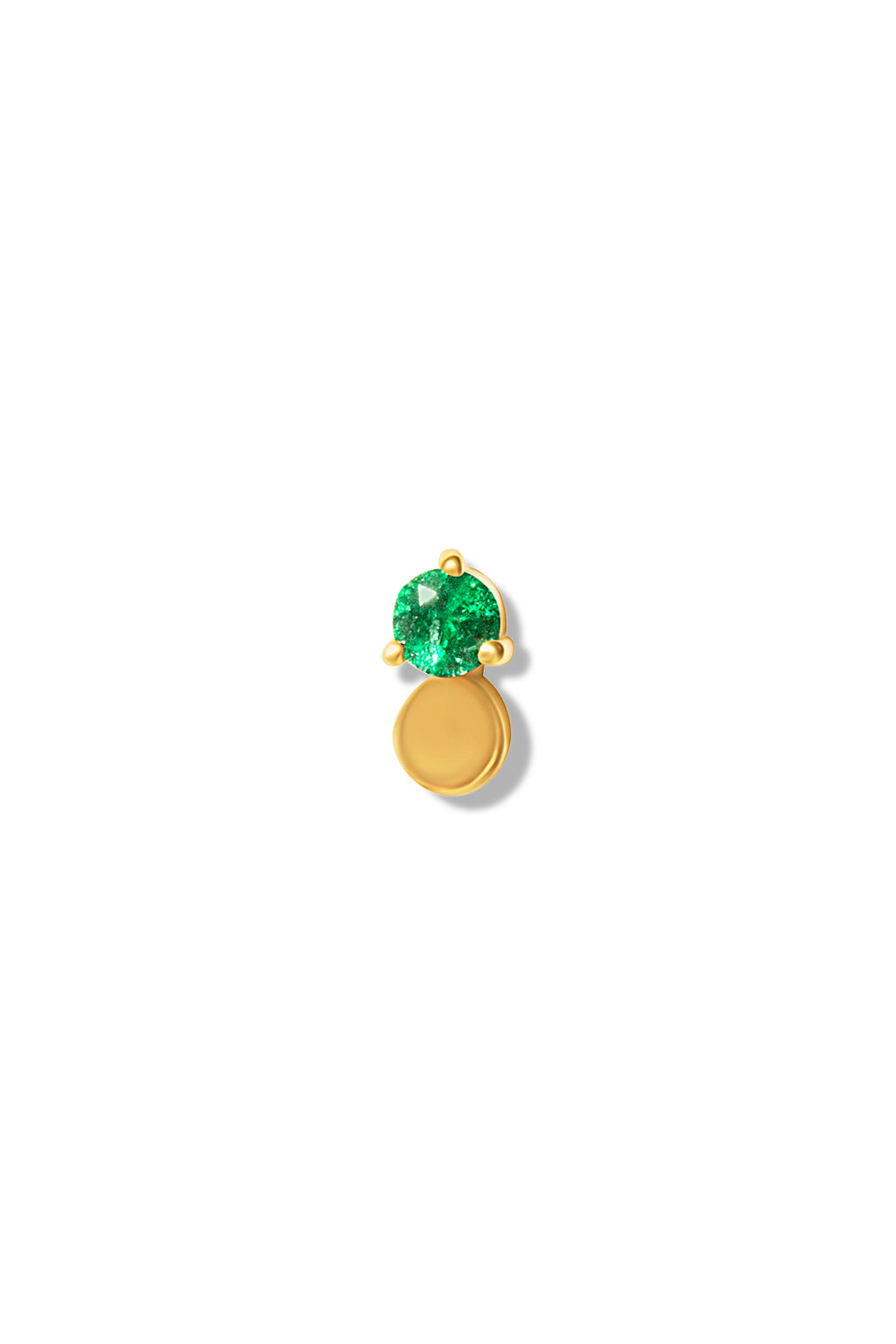 A 14K yellow gold stud earring featuring a round emerald gemstone set in a prong setting at the top, with a small gold disc dangling below. 
