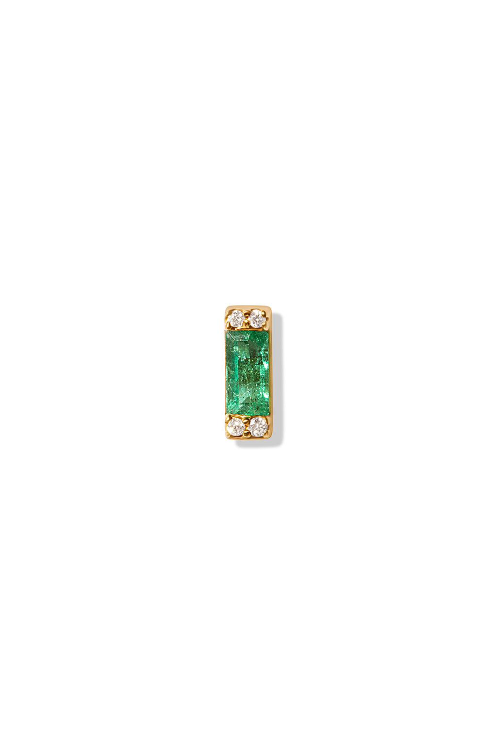 A small 14k gold stud earring featuring a rectangular Emerald gemstone set vertically, with tiny diamonds at the top and bottom.