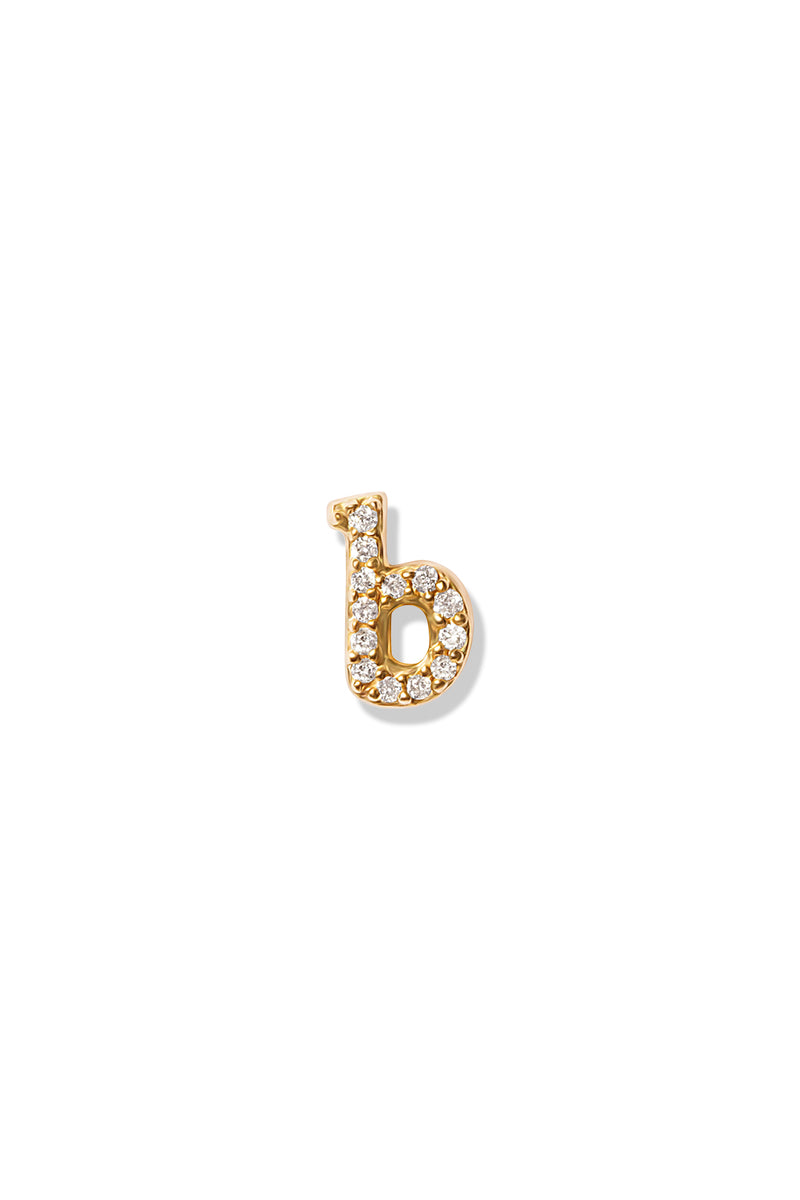 A small 14K yellow gold stud earring in the shape of the letter "b", encrusted with diamonds.