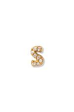 A small 14K yellow gold stud earring in the shape of the letter "s", encrusted with diamonds.