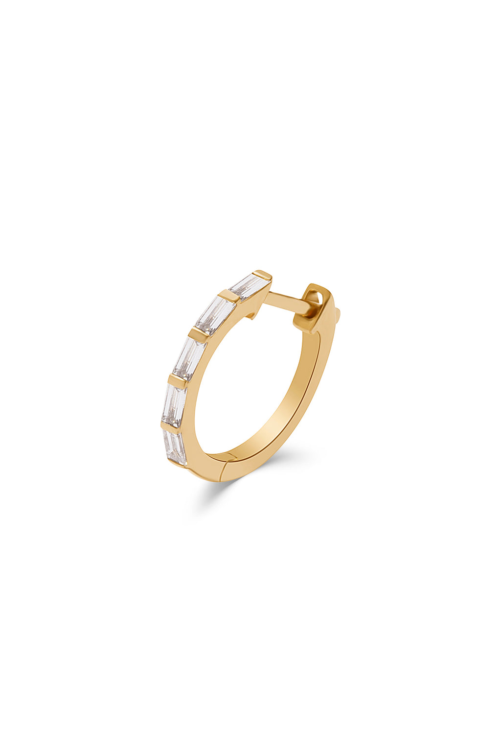 A gold hoop earring featuring a row of rectangular baguette-cut diamonds along the front. The earring has a hinged clasp and is displayed against a white background. 