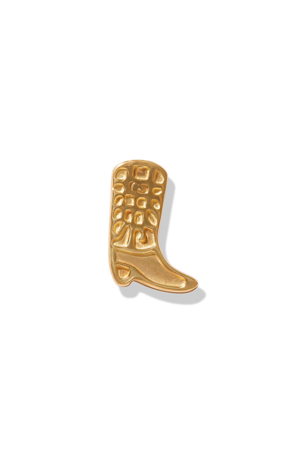 14K yellow gold stud shaped like a cowboy boot with a textured design on the upper part.