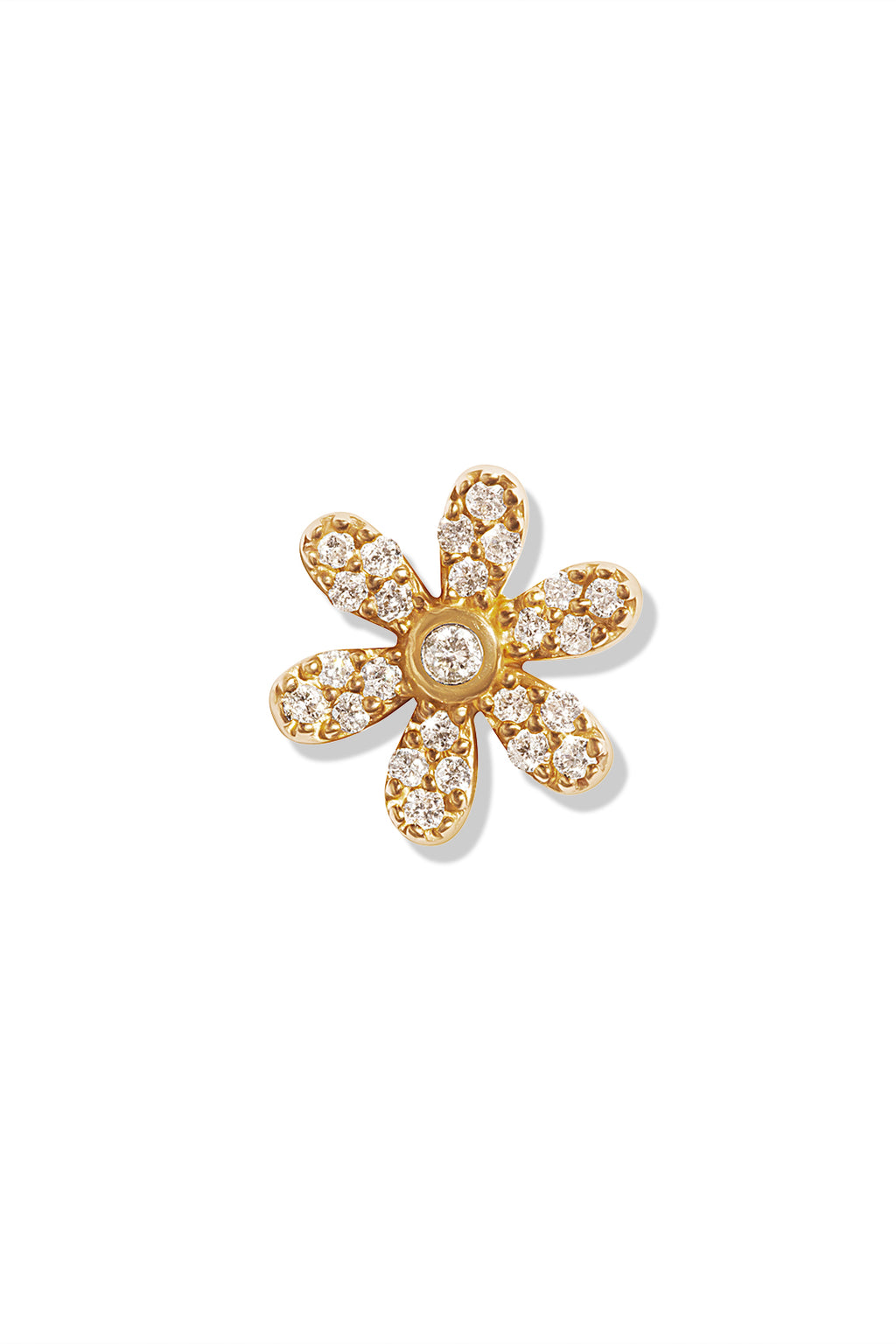 A 14k gold stud earring shaped like a daisy, encrusted with diamonds. 