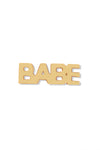 14k yellow gold stud earring that spells out the word Babe