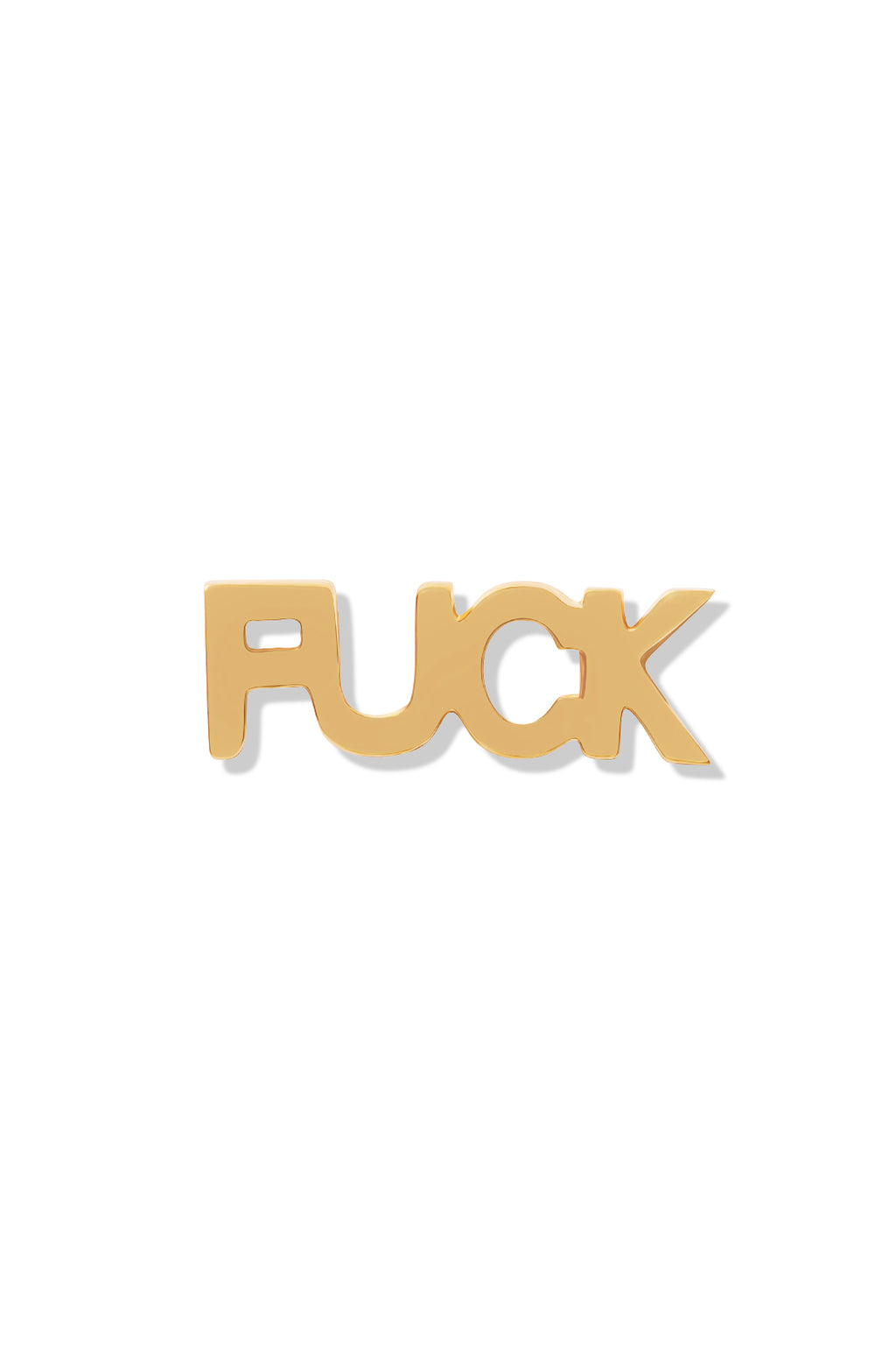 A 14K gold stud earring in the shape of a curse word, displayed against a white background. 