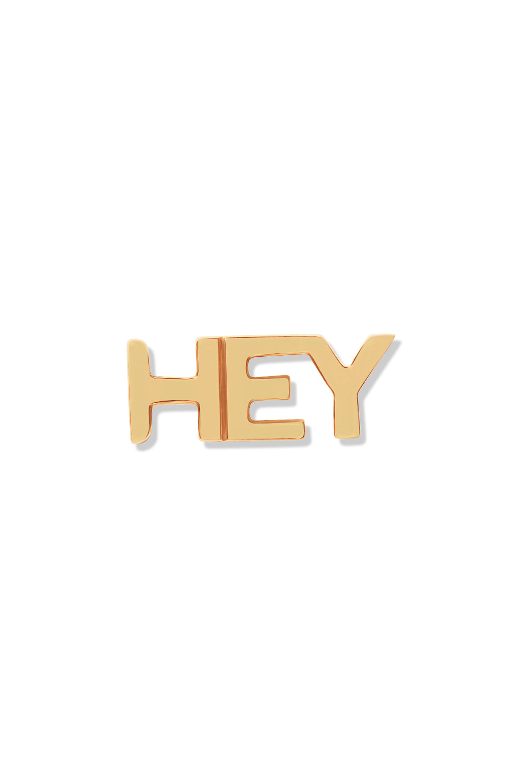 A 14K gold stud earring in the shape of the word "Hey", displayed against a white background. 