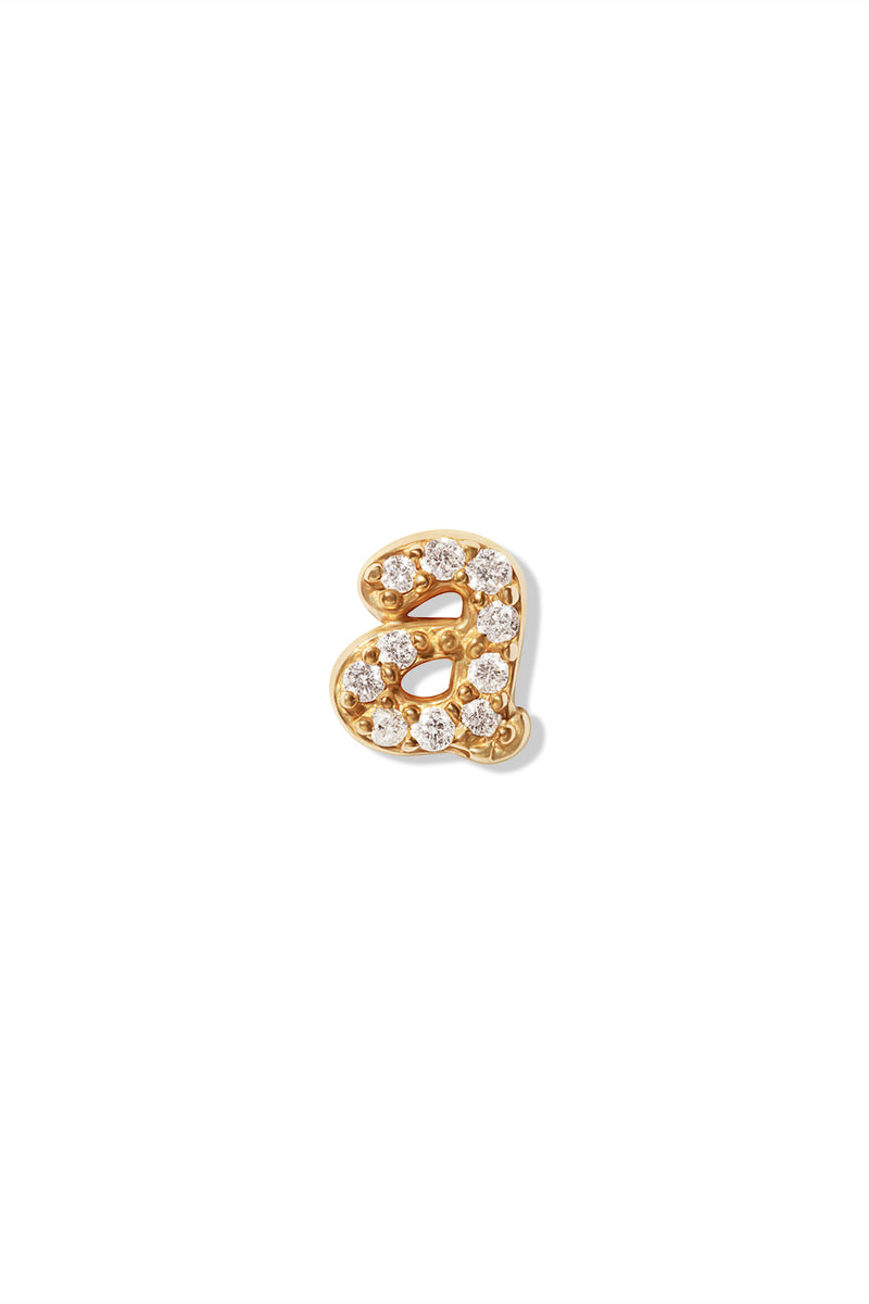 A small 14K yellow gold stud earring in the shape of the letter "a", encrusted with diamonds.