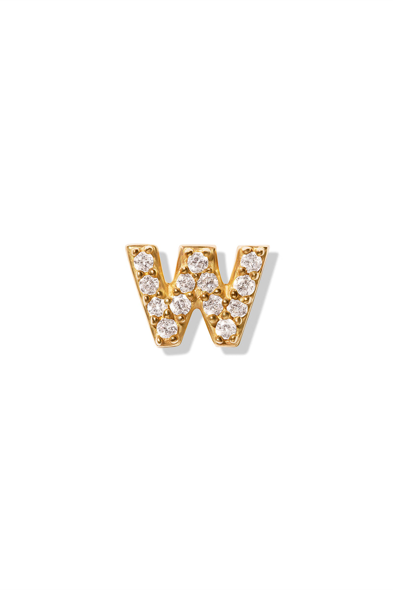 A small 14K yellow gold stud earring in the shape of the letter "w", encrusted with diamonds.