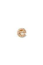 A small 14K yellow gold stud earring in the shape of the letter "e", encrusted with diamonds.