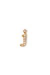 A small 14K yellow gold stud earring in the shape of the letter "j", encrusted with diamonds.