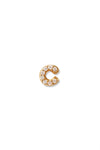 A small 14K yellow gold stud earring in the shape of the letter "c", encrusted with diamonds.