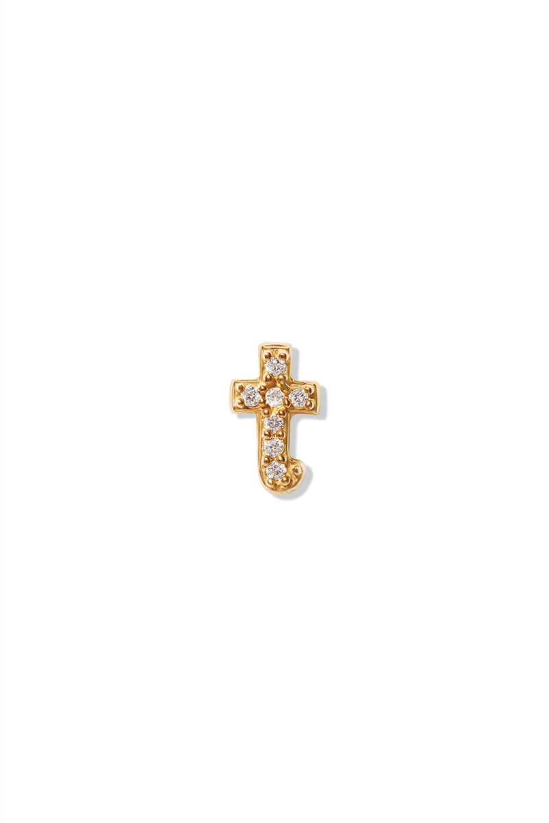 A small 14K yellow gold stud earring in the shape of the letter "t", encrusted with diamonds.