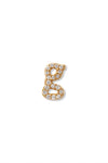 A small 14K yellow gold stud earring in the shape of the letter "g", encrusted with diamonds.