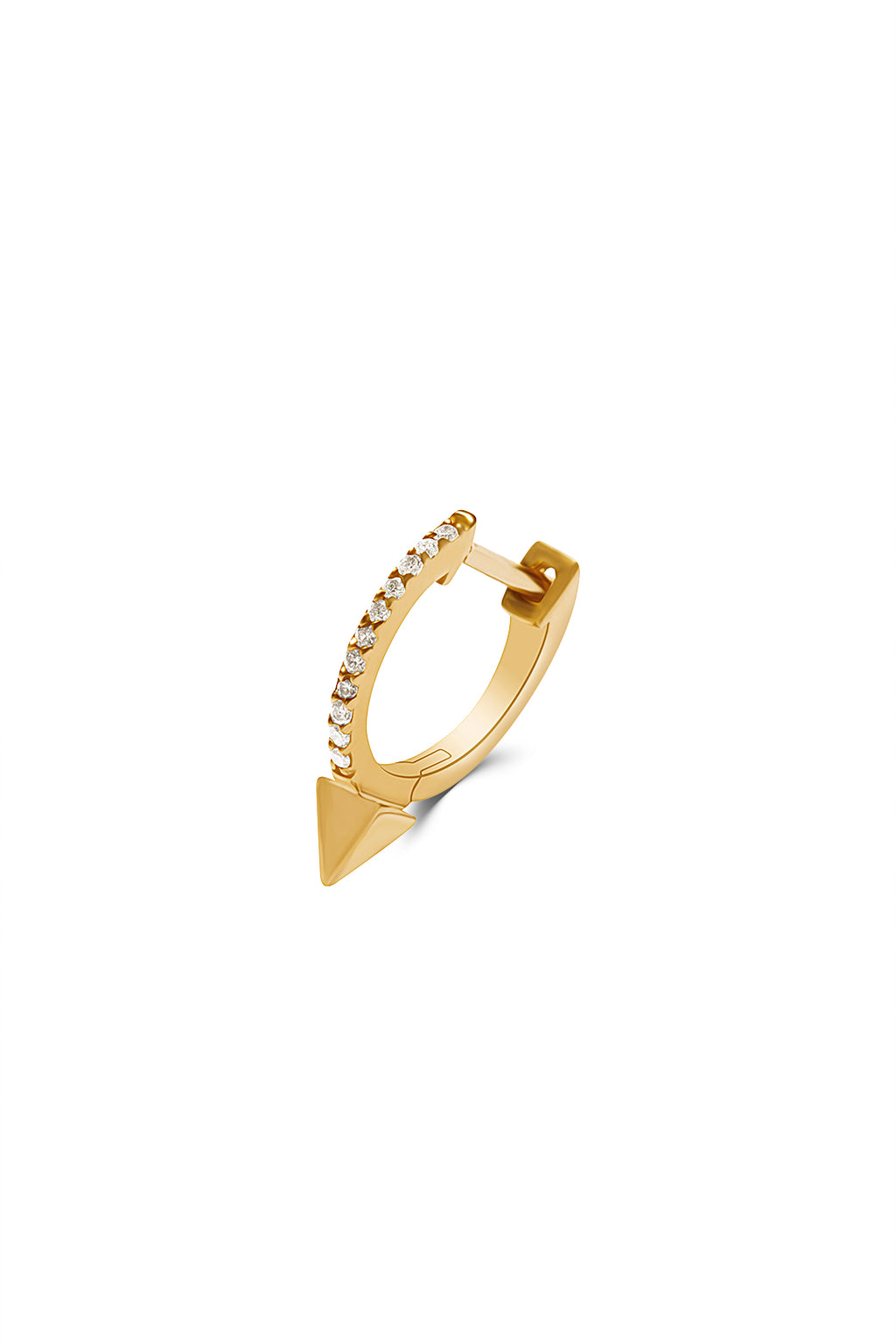 A 14K yellow gold hoop earring featuring a row of small diamonds along the front and a pointed arrowhead tip. 