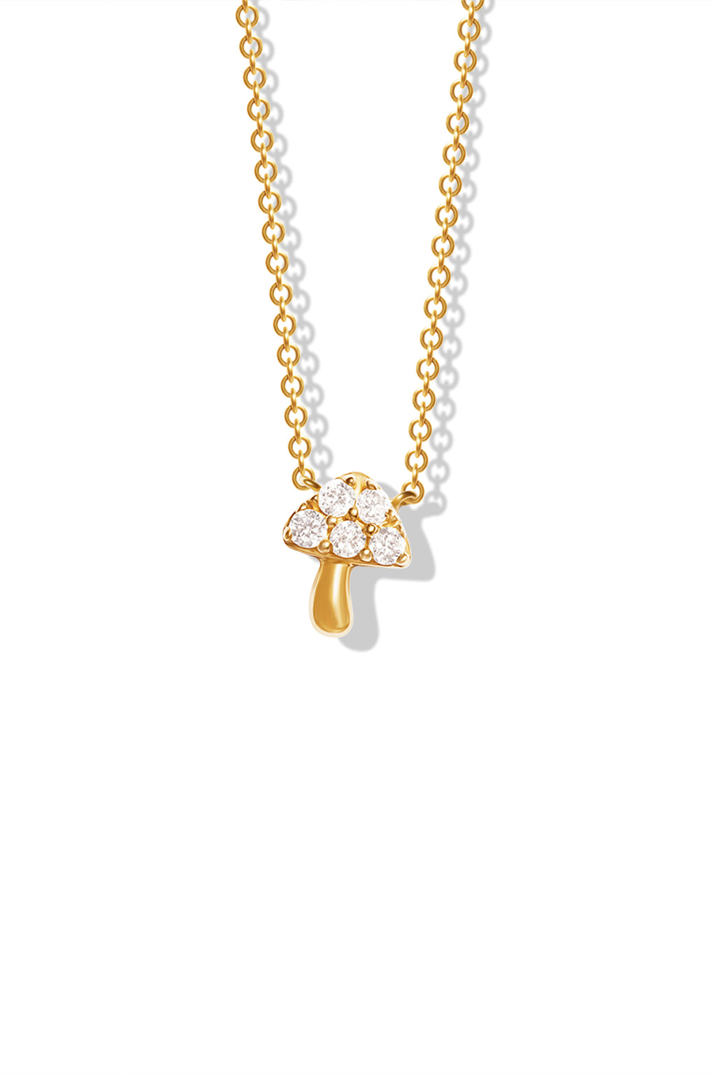 A delicate 14K yellow gold necklace featuring a mushroom pendant encrusted with diamonds. 